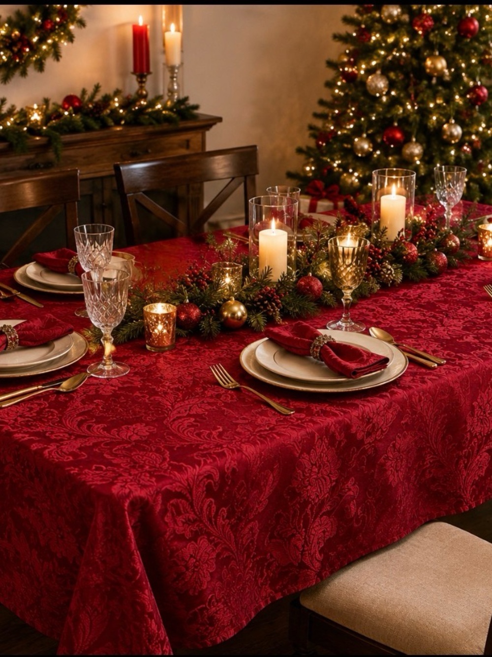 St. Nicholas Square Red Christmas Jacquard Print Rectangle Table Cloth Linen